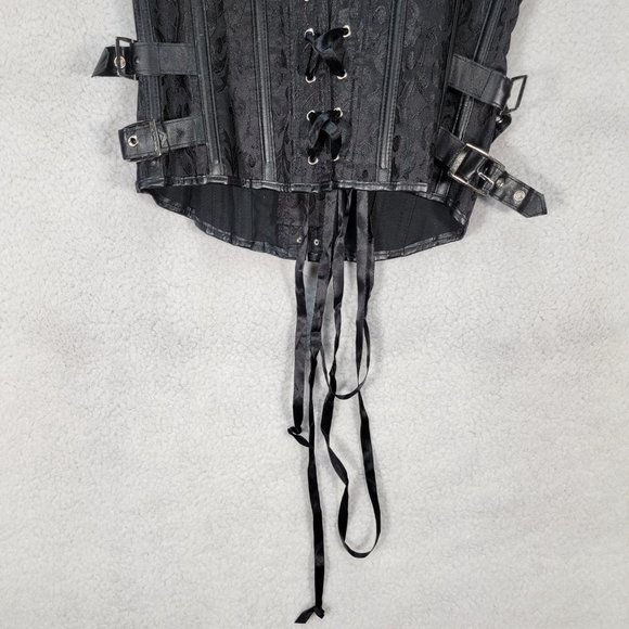 Black Floral Satin Gothic Strapless Steampunk Buckle Lace Up Sexy Bustier Corset - Picture 12 of 15